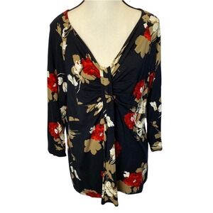 Talbots Floral Knot Front V-Neck Top Womens XL Black Red 3/4 Sleeve Knit Blouse